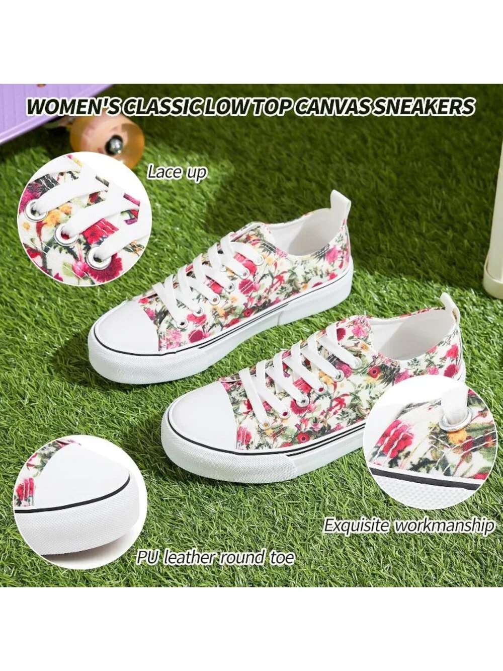 Women's Flower Lightweight Low Top Lace Up Casual Fashion Walking Sneakers
